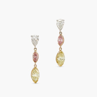 View full screen - View 1 of Lot 205. Coloured Diamond and Diamond Earrings .
