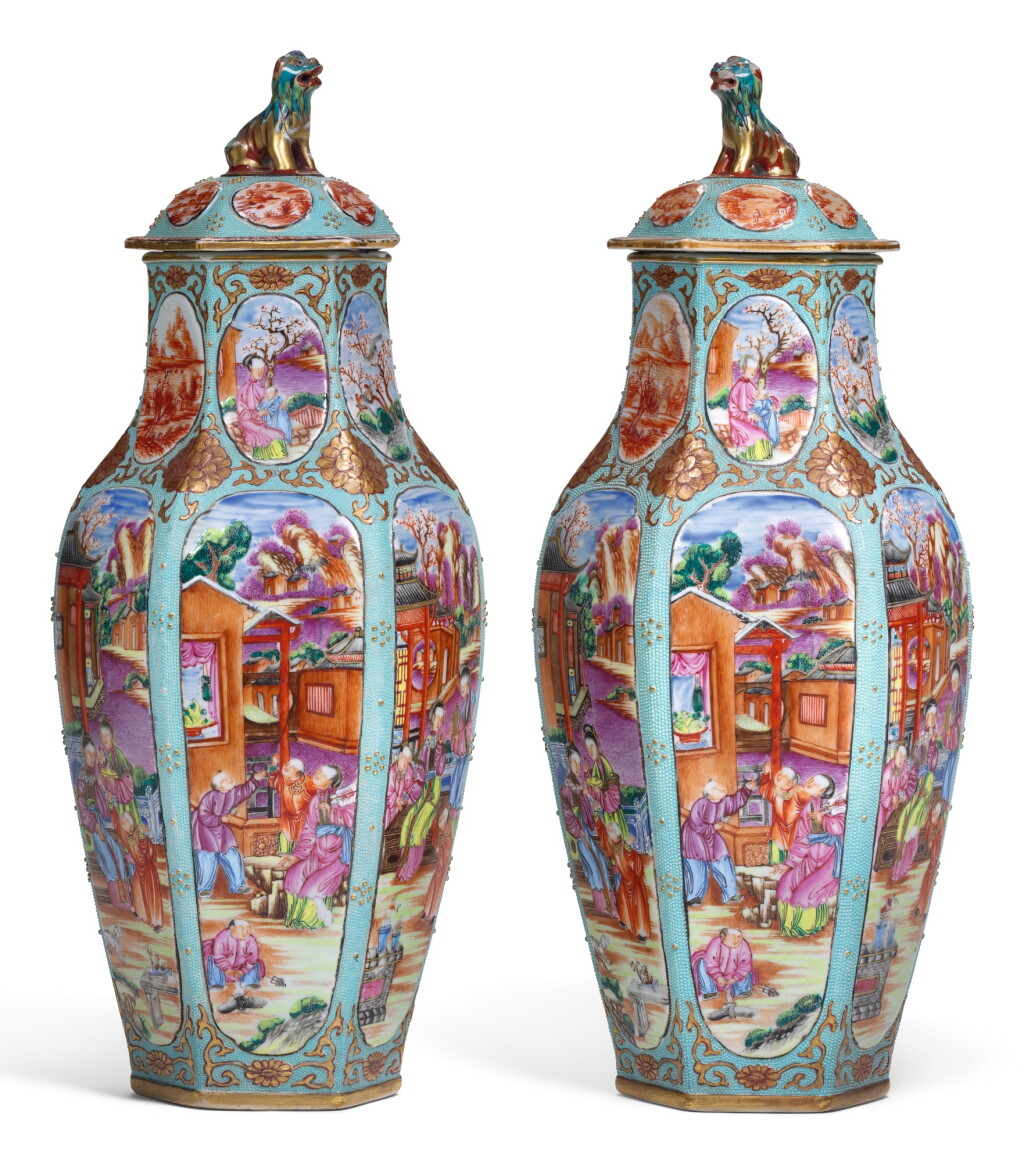 View full screen - View 1 of Lot 27. A PAIR OF SAMSON HEXAGONAL VASES AND COVERS.