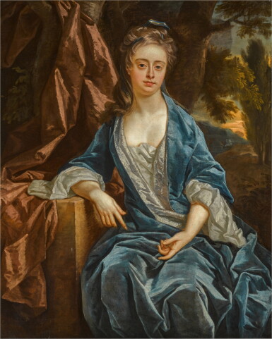 View full screen - View 1 of Lot 49. Portrait of a lady, three-quarter-length, in a blue and grey dress, with a blue and gold ribbon in her hair, seated in a landscape.