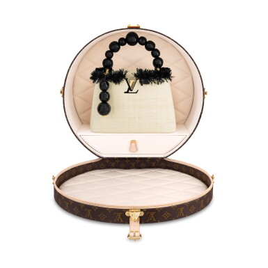 View full screen - View 1 of Lot 7. Jean-Michel Othoniel Unique Edition Natural Raffia Artycapucines MM Black and Golden Hardware and Its Custom Boîte Chapeau, 2022.