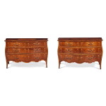 A Near Pair of George III Harewood, Satinwood and Tulipwood Inlaid Serpentine Commodes, circa 1775 in the manner of Langlois