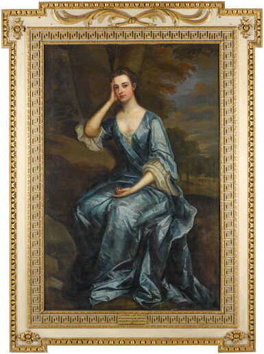 View full screen - View 1 of Lot 15. Portrait of a lady, said to be Catherine, Lady Paisley, wife of James Hamilton, Lord Paisley, full-length, wearing a blue dress and seated in a landscape.