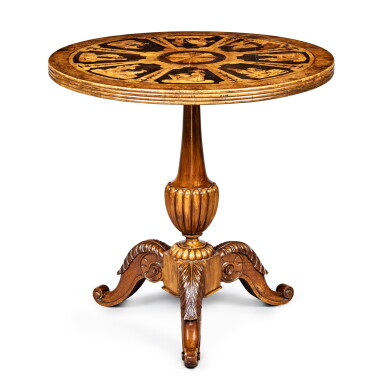 View full screen - View 1 of Lot 585. A Southern Italian Neoclassical Walnut and Fruitwood Marquetry Centre Table, Sorrento, Second Quarter 19th Century.