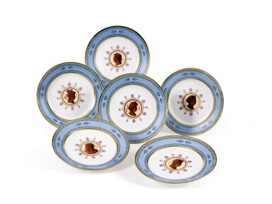 View full screen - View 1 of Lot 212. SIX LOUIS XVIII SÈVRES PORCELAIN PLATES FROM MONSIEUR DE MARCELLUS SERVICE, DATED 1822 | SIX ASSIETTES EN PORCELAINE DE SÈVRES DU SERVICE DE MONSIEUR DE MARCELLUS D’ÉPOQUE LOUIS XVIII, DATÉES 1822.