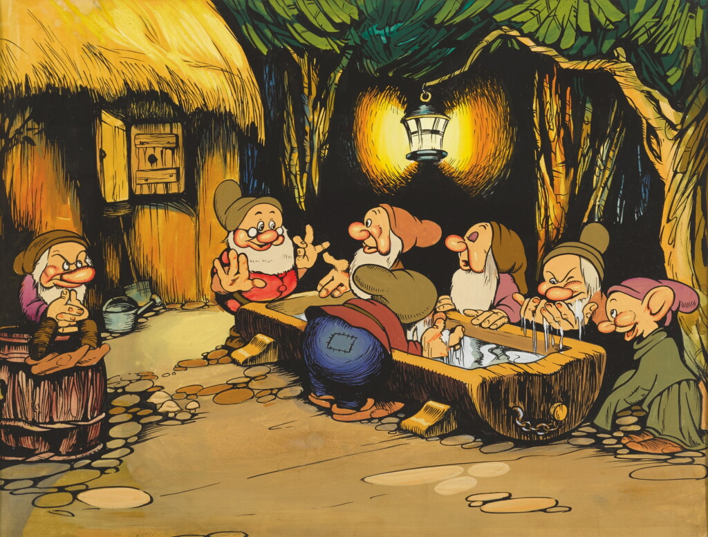 View full screen - View 1 of Lot 8. SNOW WHITE AND THE SEVEN DWARFS (1937) ORIGINAL ARTWORK USED TO CREATE THE BRITISH FRONT OF THE HOUSE LOBBY CARDS FOR THE 1940s RE-RELEASE.