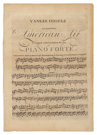 View full screen - View 1 of Lot 91. YANKEE DOODLE | First known American sheet-music edition of "Yankee Doodle," 1796.