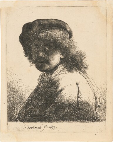 View full screen - View 1 of Lot 514. Self-Portrait in a Cap and Scarf with Face Dark: Bust (Bartsch, Hollstein 17; New Hollstein 120).