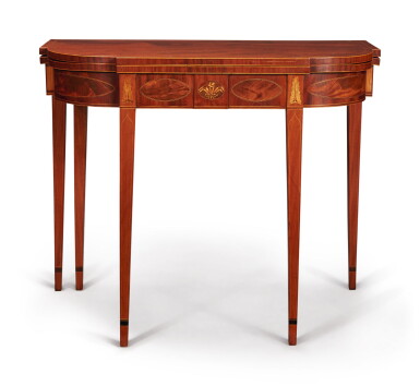 View full screen - View 1 of Lot 109. Very Fine and Rare Federal Inlaid and Figured Mahogany Five-Legged Games Table, Attributed to Michael Allison, New York, circa 1795.