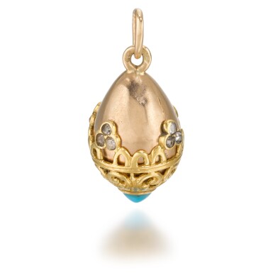 View full screen - View 1 of Lot 137. A Fabergé jewelled gold and turquoise egg pendant, workmaster Alfred Thielemann, St Petersburg, 1899-1903.