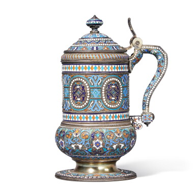 View full screen - View 1 of Lot 1776. A Silver-Gilt and Cloisonné Enamel Covered Tankard, Ivan Saltykov, Moscow, 1886.