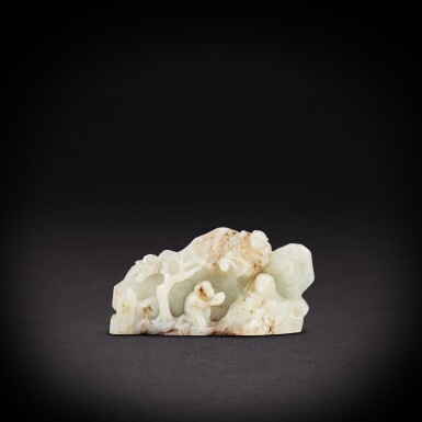 View full screen - View 1 of Lot 6893. A white jade 'monkey and peach' brushrest, Qing dynasty, 18th century | 清十八世紀 白玉靈猴獻壽筆擱.