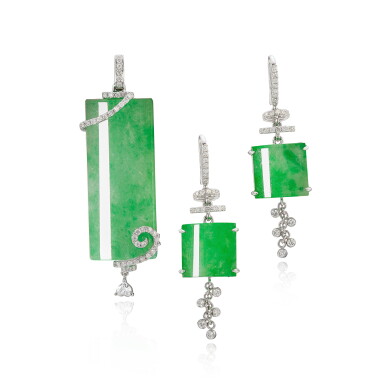 View full screen - View 1 of Lot 671. Set of Jadeite & Diamond Jewellery | 天然翡翠 配 鑽石 掛墜 及 耳墜 套裝.