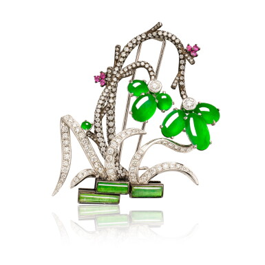 View full screen - View 1 of Lot 2023. Jadeite, Pink Sapphire and Diamond Brooch | 天然翡翠 配 粉紅剛玉 配 鑽石 胸針.