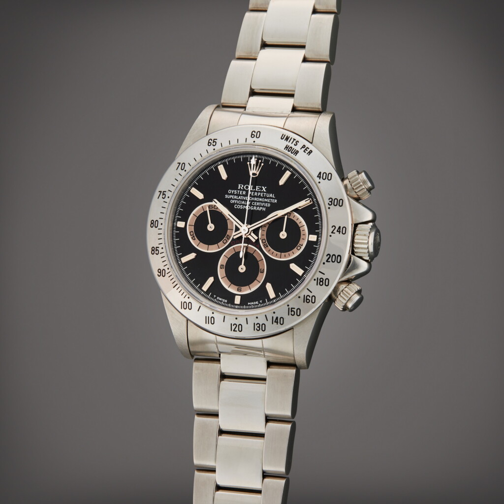 View full screen - View 1 of Lot 45. Reference 16520 'Patrizzi Dial Zenith' Daytona | A stainless steel automatic chronograph wristwatch with tropical subsidiary dials, Circa 1993 | 勞力士 型號 16520 'Patrizzi Dial Zenith' Daytona 精鋼自動上鏈計時腕錶備棕色小秒盤,製作年份約 1993.