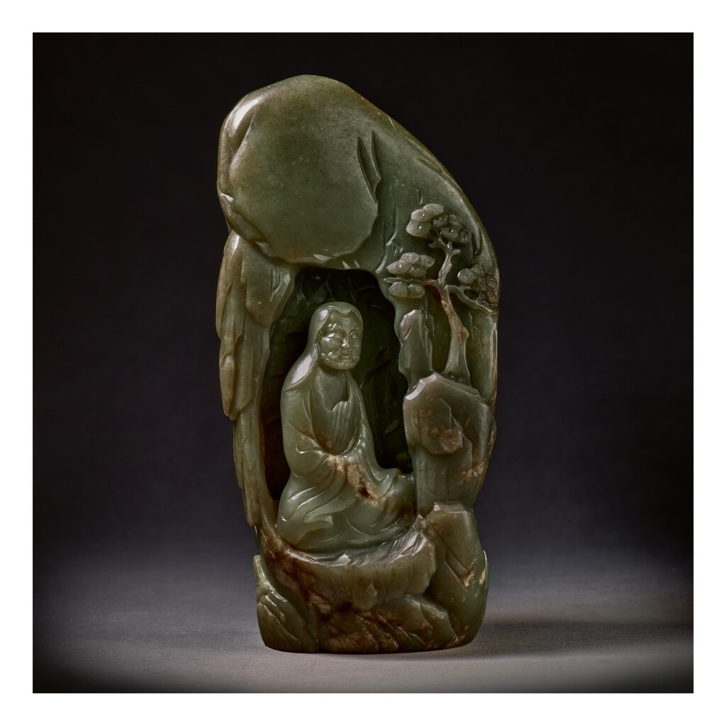 View full screen - View 1 of Lot 213. A GREEN JADE 'BODHIDHARMA' BOULDER, QING DYNASTY, QIANLONG PERIOD.