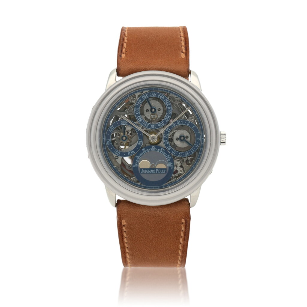 View full screen - View 1 of Lot 47. Quantième Perpetual Automatique, Ref. 25668PT Platinum squeletonized perpetual calendar wristwatch with moon phases Circa 1988 | 愛彼 | 25668PT型號「Quantième Perpetual Automatique」鉑金鏤空萬年曆腕錶備月相顯示,年份約1988.