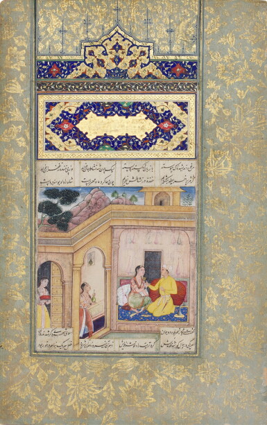 View full screen - View 1 of Lot 159. An illustrated folio from Nizami's Haft Paykar: Bahram Gur and the Chinese princess Yaghmanaz in the sandalwood pavilion, India, probably Lahore, circa 1590-1600.
