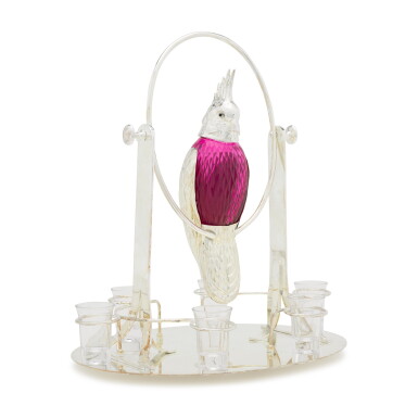 View full screen - View 1 of Lot 112. A modern electroplate-mounted novelty cockatoo liqueur dispenser.