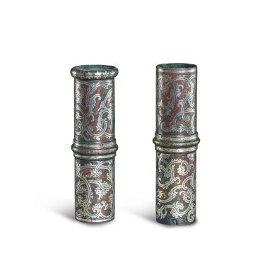 View full screen - View 1 of Lot 742. A set of silver-inlaid bronze chariot canopy shaft fittings, Western Han dynasty | 西漢 青銅錯銀雲氣紋傘鋌.