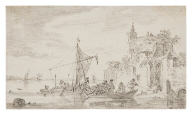 View full screen - View 1 of Lot 710. River Landscape with Fishermen.