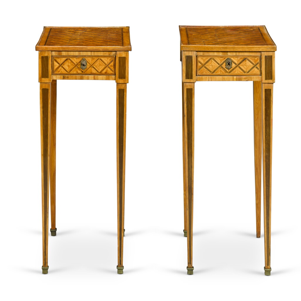 View full screen - View 1 of Lot 24. A pair of Louis XVI tulipwood marquetry tables, circa 1780.