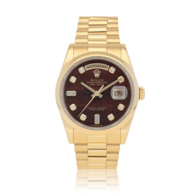 View full screen - View 1 of Lot 427. Day-Date, Ref. 118208 Yellow gold, diamond-set wristwatch with Bull's eye dial, day, date and bracelet Circa 2001.
