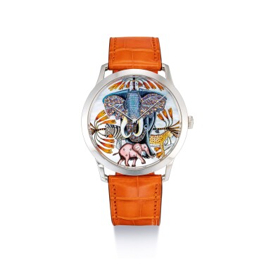 View full screen - View 1 of Lot 2144. HERMES | SLIM D’HERMÈS MARCHE DU ZAM, REFERENCE CA2.990A, A LIMITED EDITION WHITE GOLD WRISTWATCH WITH MOTHER-OF-PEARL DIAL AND MINIATURE PAINTING, CIRCA 2017 | 愛馬仕 | "Slim D'Hermès Marche Du Zam 型號CA2.990A 限量版白金腕錶,備珠母貝錶盤及迷你彩繪,錶殼編號3284432及No. 1/12,約2017年製".