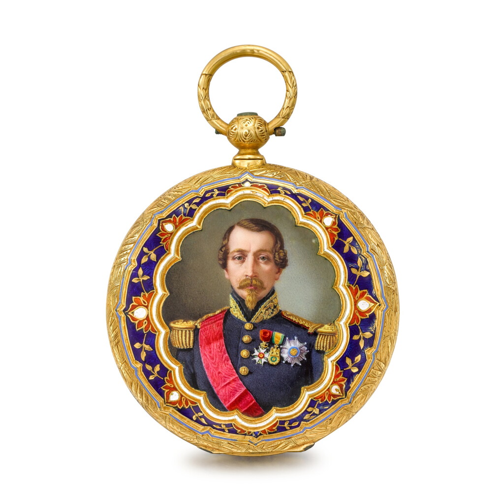 View full screen - View 1 of Lot 1364. A gold and enamel hunting cased lever watch made for the Ottoman market with polychrome enamel painted portrait of Napoleon iii and the 1855 Paris Universal Exhibition's Palais de l'Industrie Circa 1855, no. 45396.