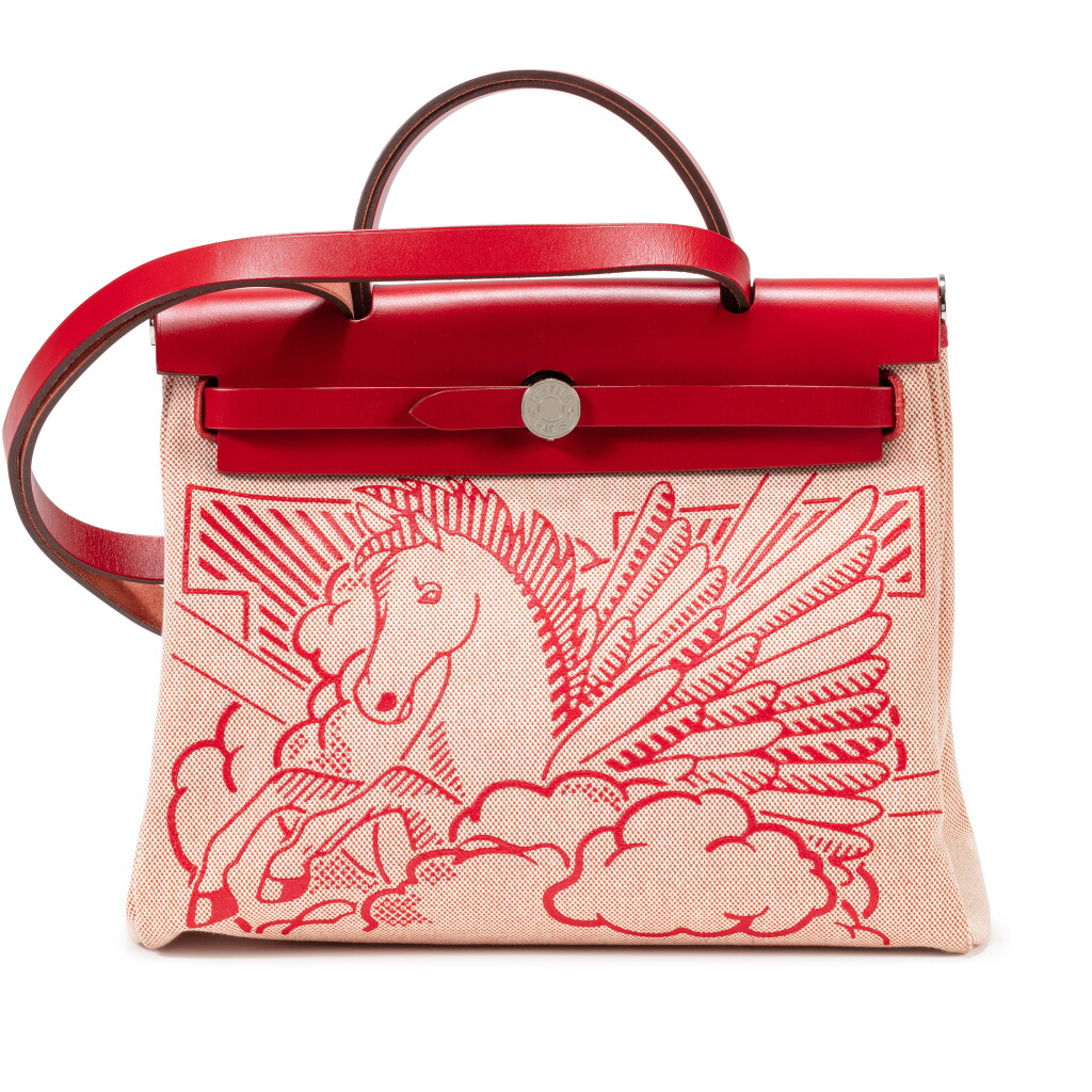 View full screen - View 1 of Lot 444. Rouge Piment Hunter Leather and Canvas Pegasus Pop Herbag Zip 31 Palladium Hardware, 2020.