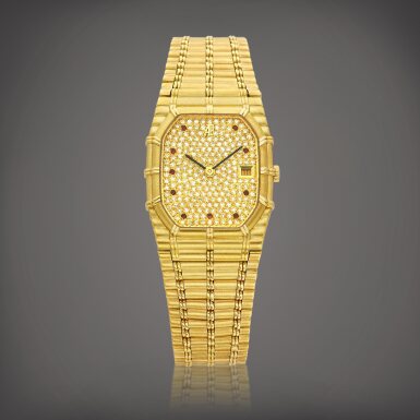 View full screen - View 1 of Lot 2265. "Bamboo", Reference BA14506/614.BA | A yellow gold, diamond and ruby-set bracelet watch with date, Circa 1982 | 愛彼 | "Bamboo" 型號BA14506/614.BA | 黃金鑲鑽石及紅寶石鏈帶腕錶,備日期顯示,約1982年製.
