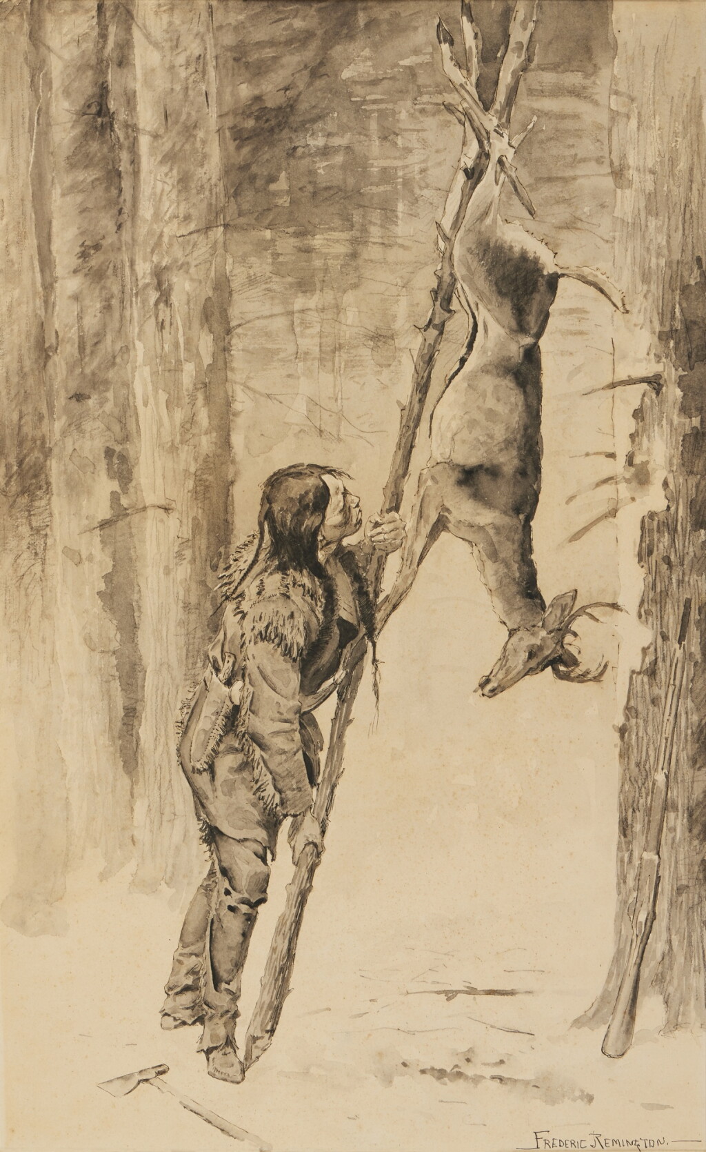View full screen - View 1 of Lot 45. Indian Hunter Hanging Deer out of Reach of Wolves.