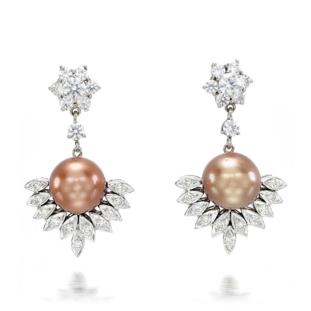 View full screen - View 1 of Lot 108. Pair of cultured pearl and diamond earrings.