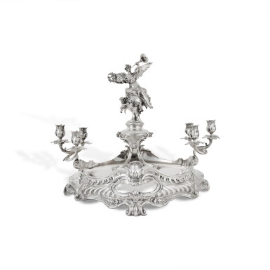 View full screen - View 1 of Lot 612. A German Silver Figural Six-Light Candelabrum Centerpiece, Gebrüder Deyhle, Schwäbisch Gmünd, Circa 1870.