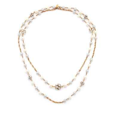 View full screen - View 1 of Lot 228. White and Gray Imitation Pearl, Strass and Gold Metal Necklace, 2003.