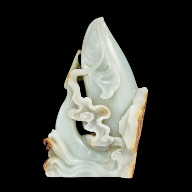 View full screen - View 1 of Lot 3628. A pale green and russet jade 'carp' carving Mark and period of Qianlong | 清乾隆 青白玉魚躍龍門擺件 《乾隆年製》款.