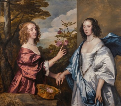 View full screen - View 1 of Lot 13. The Cheeke Sisters: Double portrait of Essex, Countess of Manchester (circa 1617–1658) and her sister, Anne, later Countess of Warwick and Clanricarde (1620–after 1683), three-quarter-length, in a landscape.