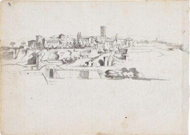 View full screen - View 1 of Lot 131. Recto: View of the Aventino with the campanile of the church of St. Alessio, Rome Verso: Study of trees.