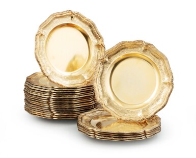 View full screen - View 1 of Lot 37. A French set of 24 silver-gilt plates in the Louis XV style, A. Aucoc, Paris, circa 1890 | Ensemble de 24 assiettes en vermeil de style Louis xv par A. Aucoc, Paris, vers 1890.