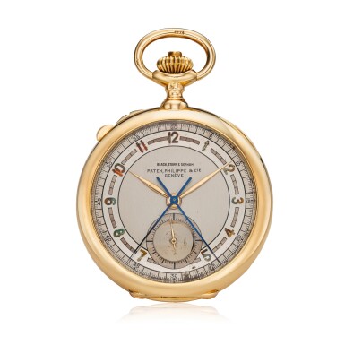View full screen - View 1 of Lot 99. Retailed By Black, Starr & Gorham & Spaulding & Co.: A yellow gold split seconds chronograph open faced watch, Made in 1904.