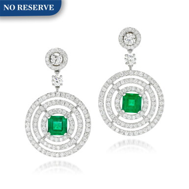 View full screen - View 1 of Lot 124. Pair of emerald and diamond earrings, 'Bull's Eye'.