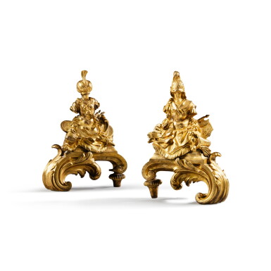 View full screen - View 1 of Lot 116. A pair of Louis XV gilt-bronze fire dogs, circa 1750.