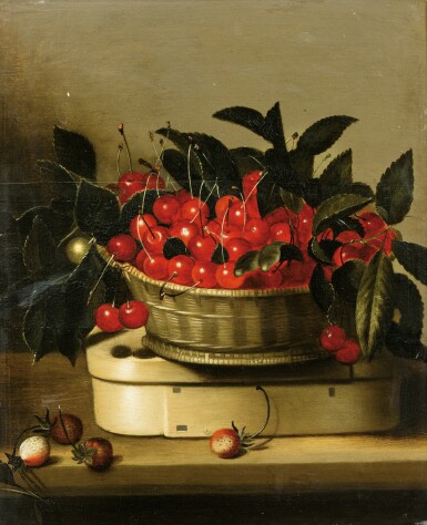 View full screen - View 1 of Lot 20. Basket of Cherries on a chip-wood box | Corbeille de cerises sur un entablement orné de fraises.