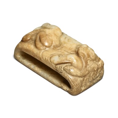 View full screen - View 1 of Lot 96. A beige-brown and celadon jade 'chilong' scabbard slide, Song - Ming dynasty.