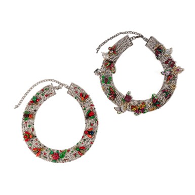 View full screen - View 1 of Lot 135. Two painted metal, strass and glass pearls necklaces, modern.