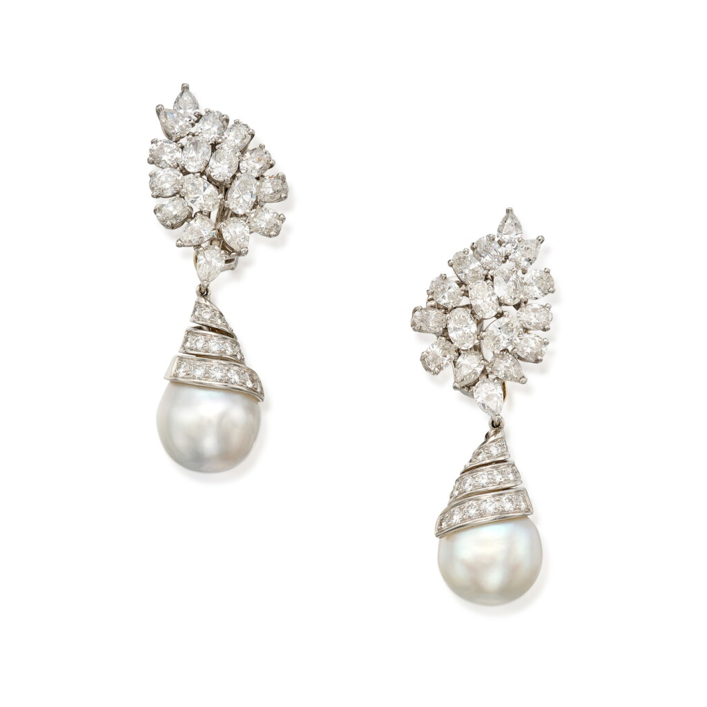 View full screen - View 1 of Lot 98. Pair of Cultured Pearl and Diamond Pendant-Earclips.