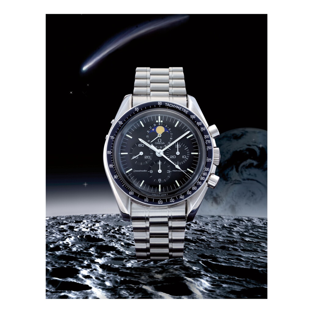View full screen - View 1 of Lot 45. OMEGA | SPEEDMASTER REF 345.0809 'RED DOT SPEEDYMOON', A STAINLESS STEEL CHRONOGRAPH WRISTWATCH WITH MOON PHASES AND BRACELET, CIRCA 1986.