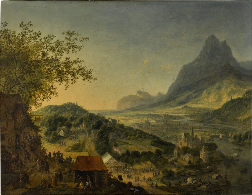 View full screen - View 1 of Lot 168. A mountainous river landscape with an inn on the outskirts of a town in the foreground.
