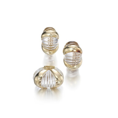 View full screen - View 1 of Lot 1123. Pair of gold and rock crystal ear clips and a ring.