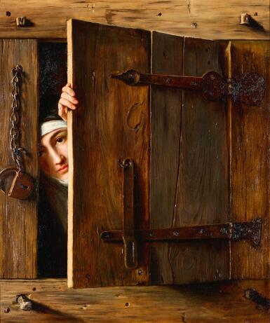 View full screen - View 1 of Lot 81. FRENCH SCHOOL, 19TH CENTURY | A trompe l'œil with a young nun peeking out through a shutter.
