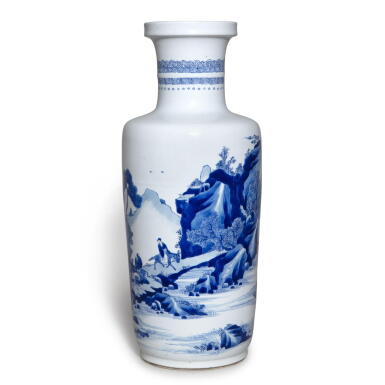 View full screen - View 1 of Lot 990. A blue and white 'landscape' rouleau vase, Qing dynasty, Kangxi period | 清康熙 青花高士山水圖棒槌瓶.
